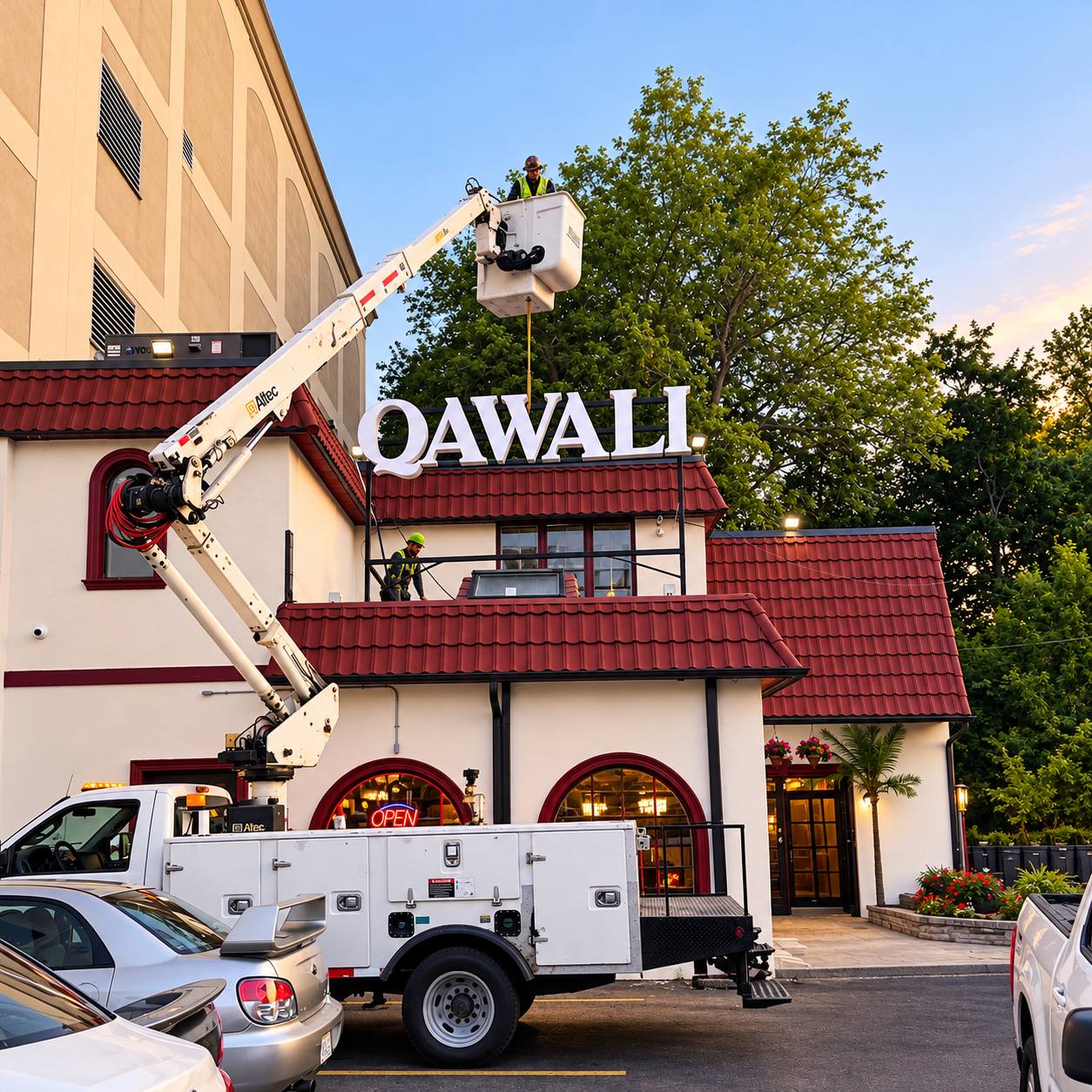 Madix crew installing illuminated letters on a restaurant roof from a bucket truck