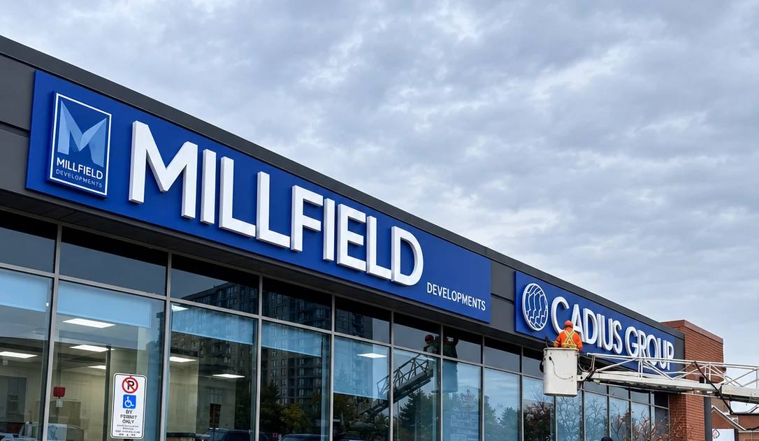 Madix crew installing white dimensional letters on blue fascia panels at a commercial building