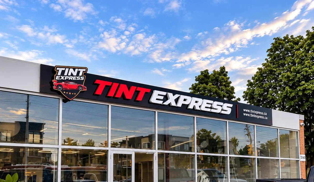 Window tint shop with a dimensional letter fascia sign and shield logo