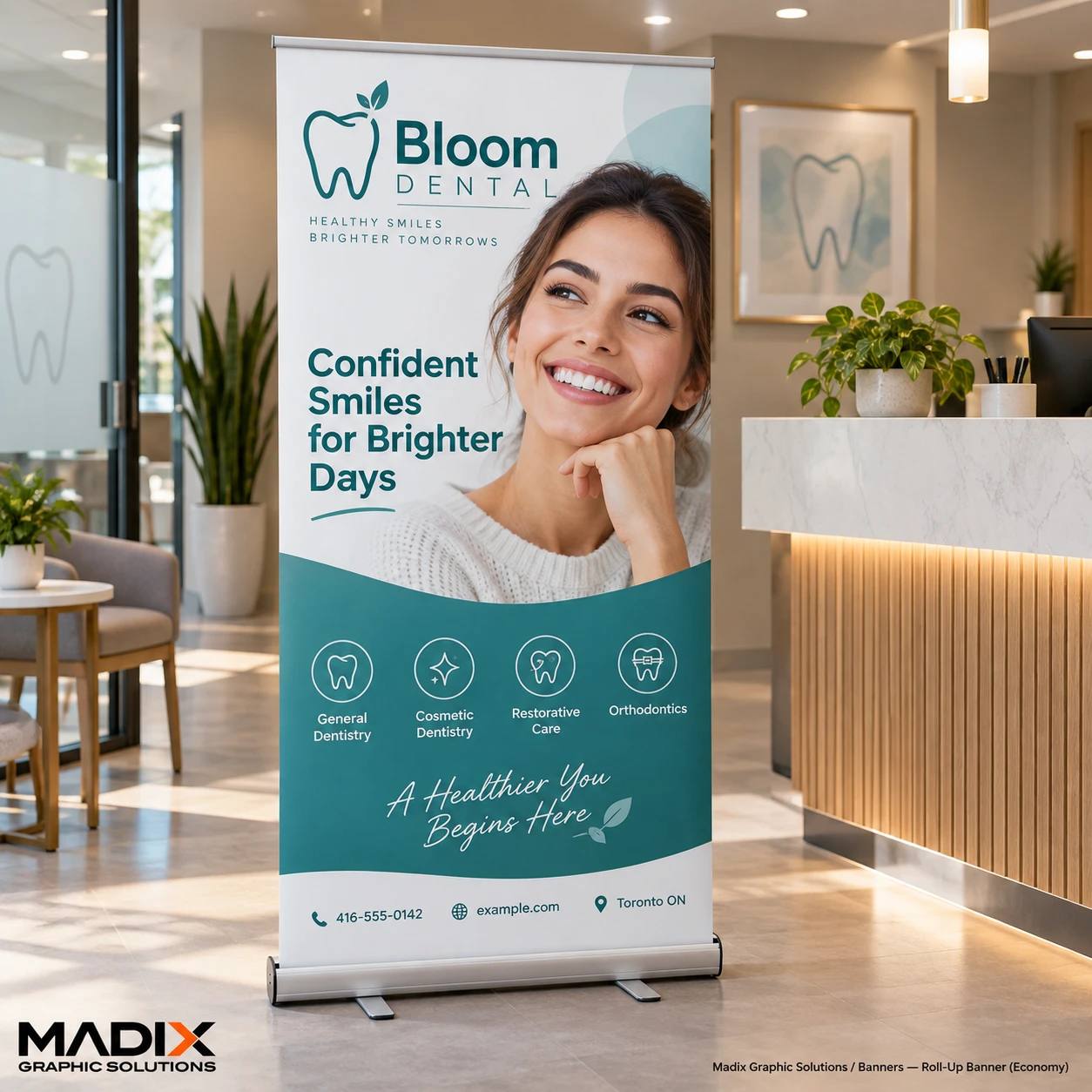 Roll-up banner for a dental clinic standing in a reception area