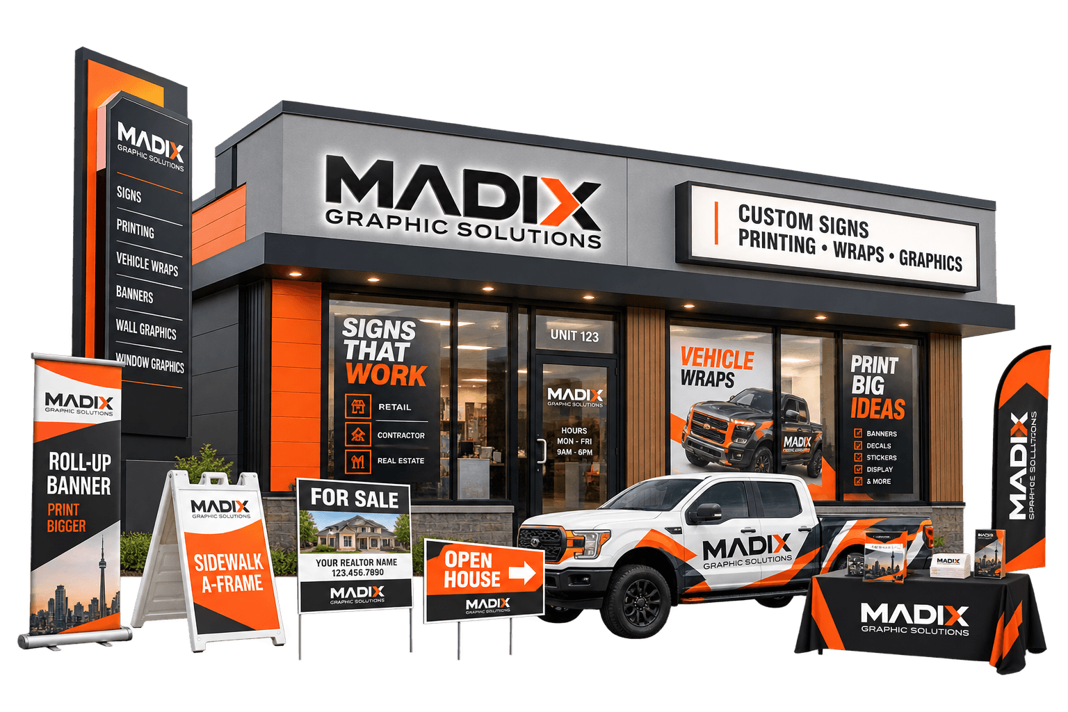 Madix storefront showing everything Madix makes: illuminated building sign, pylon sign, window graphics, vehicle wrap, roll-up banner, A-frame, real estate and lawn signs, feather flag and branded table cover
